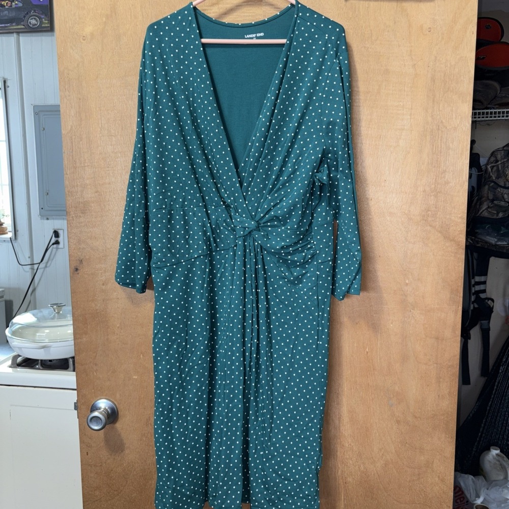 Lands End Dress Womens 2X 20W 22W Green White Polka Dot Wrap Style Stretch Knit